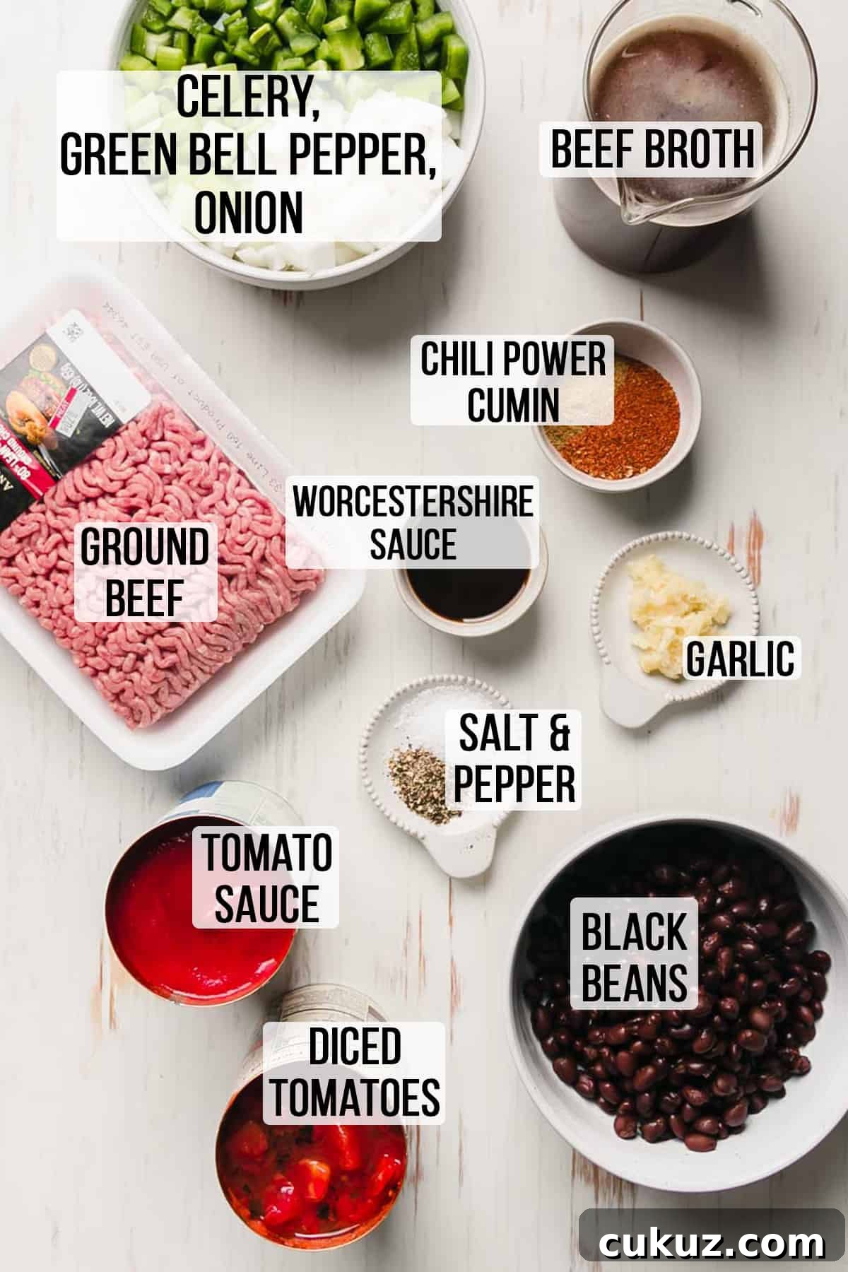 Hearty Beef and Bean Gluten-Free Chili Recipe 3 Ingredients for gluten-free chili recipe measured out in bowls.