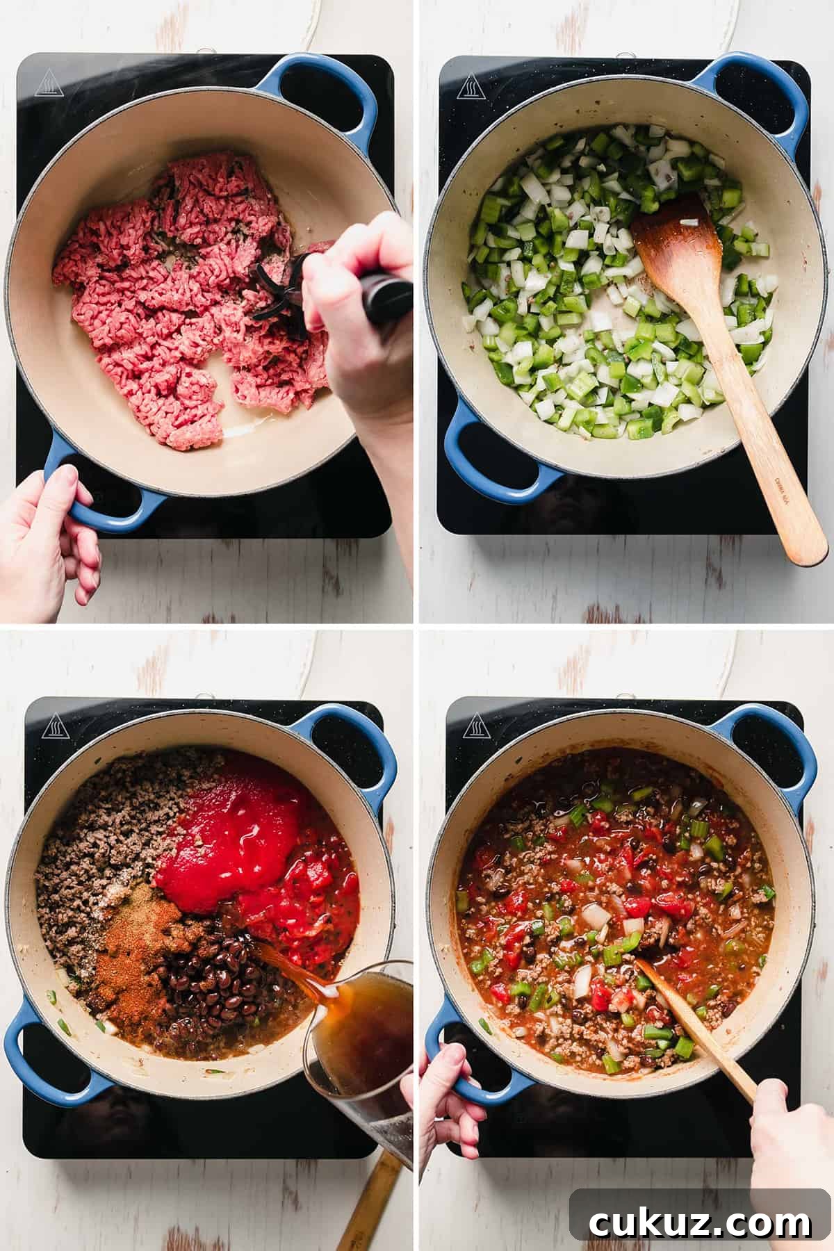 Hearty Beef and Bean Gluten-Free Chili Recipe 4 Image collage showing the steps to make chili, sautéing the meat and vegetables in a pan, adding tomatoes and beans, stirring the chili.