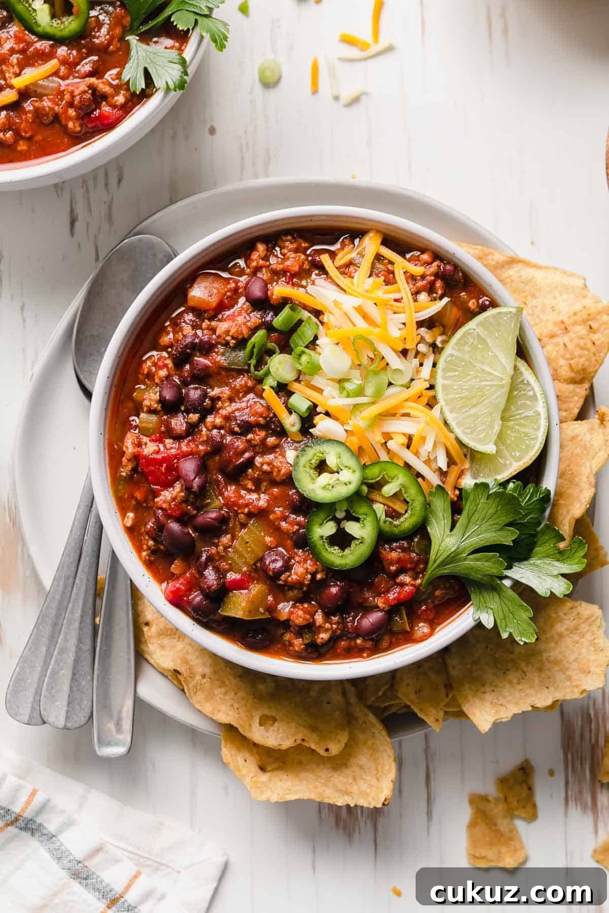 Hearty Beef and Bean Gluten-Free Chili Recipe 6 Gluten-Free Chili in a bowl with cheese and green onions next to tortilla chips.