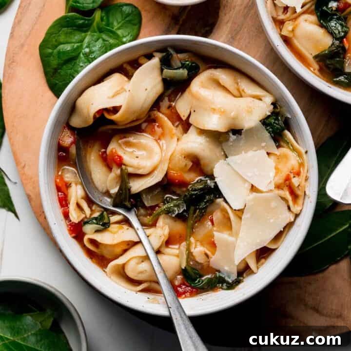 A bowl with tortellini and wilted spinach in a tomato broth garnished with parmesan cheese.