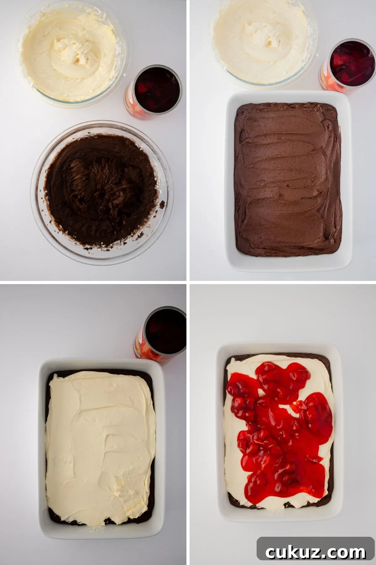 A collage of images showing how to make strawberry cheesecake brownies.