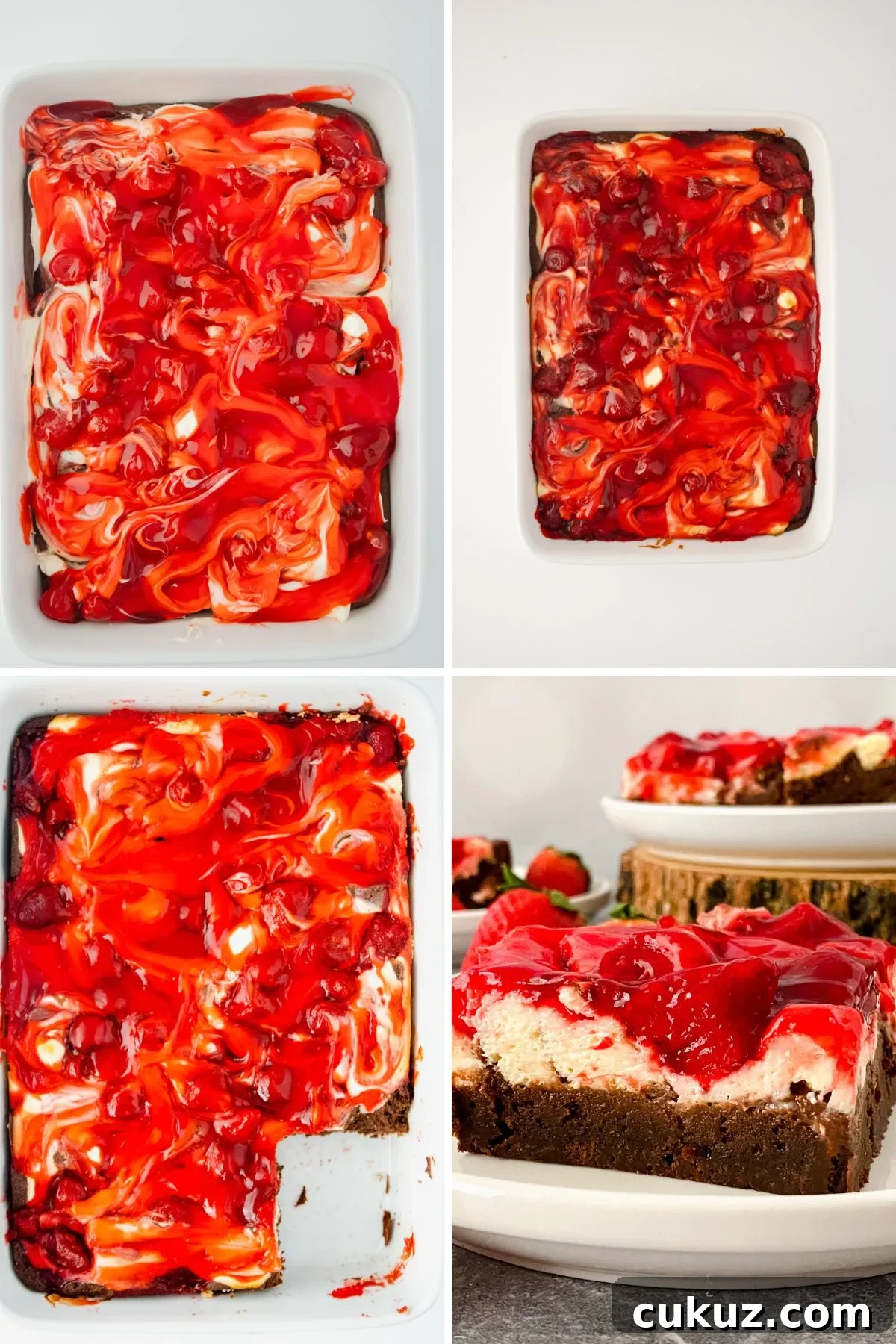 A collage of images showing the last few steps of making homemade strawberry cheesecake brownies.