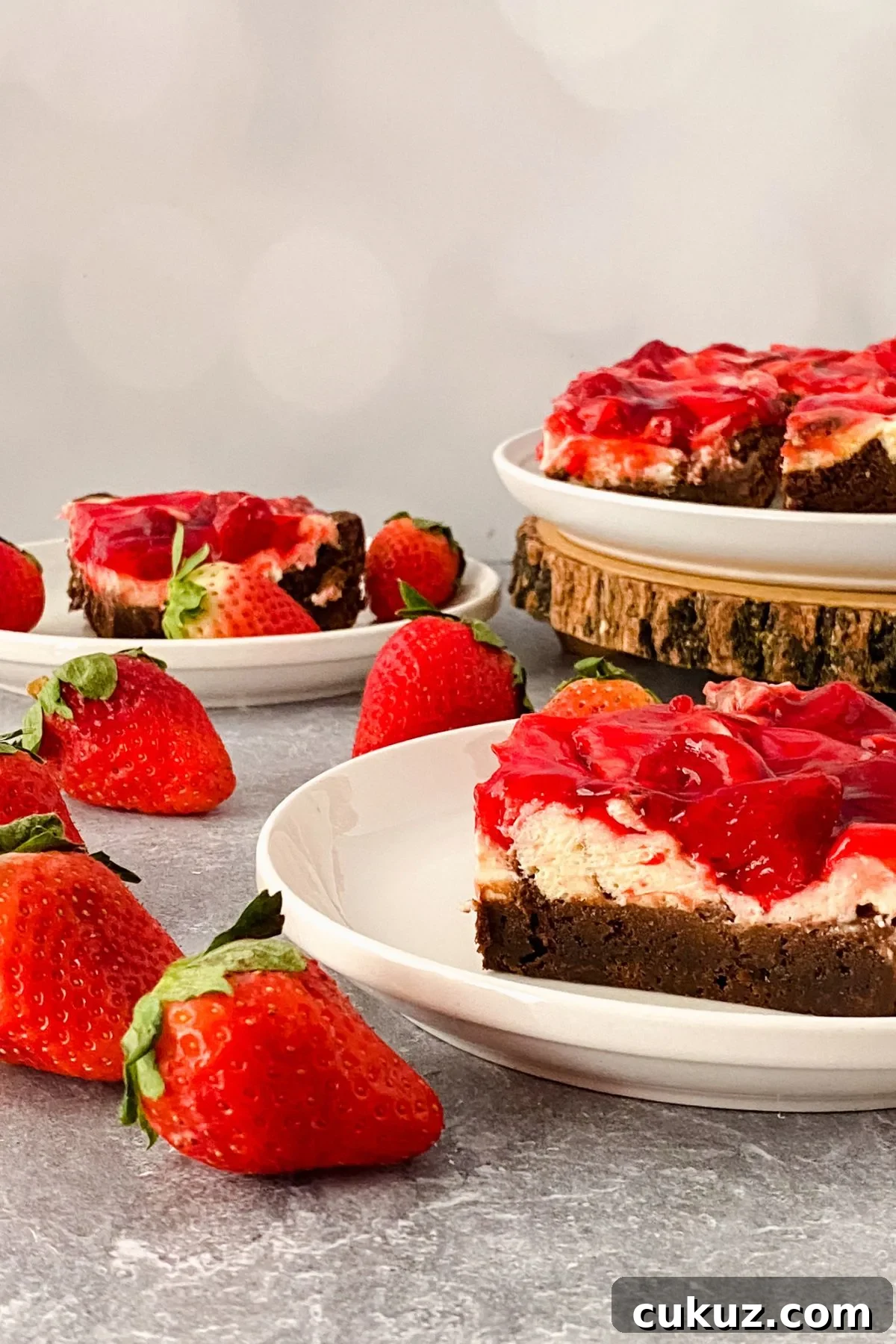 A few pieces of strawberry cheesecake brownies on a few different serving plates.