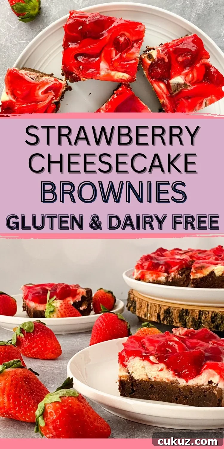 A collage of strawberry cheesecake brownies with text overlay.