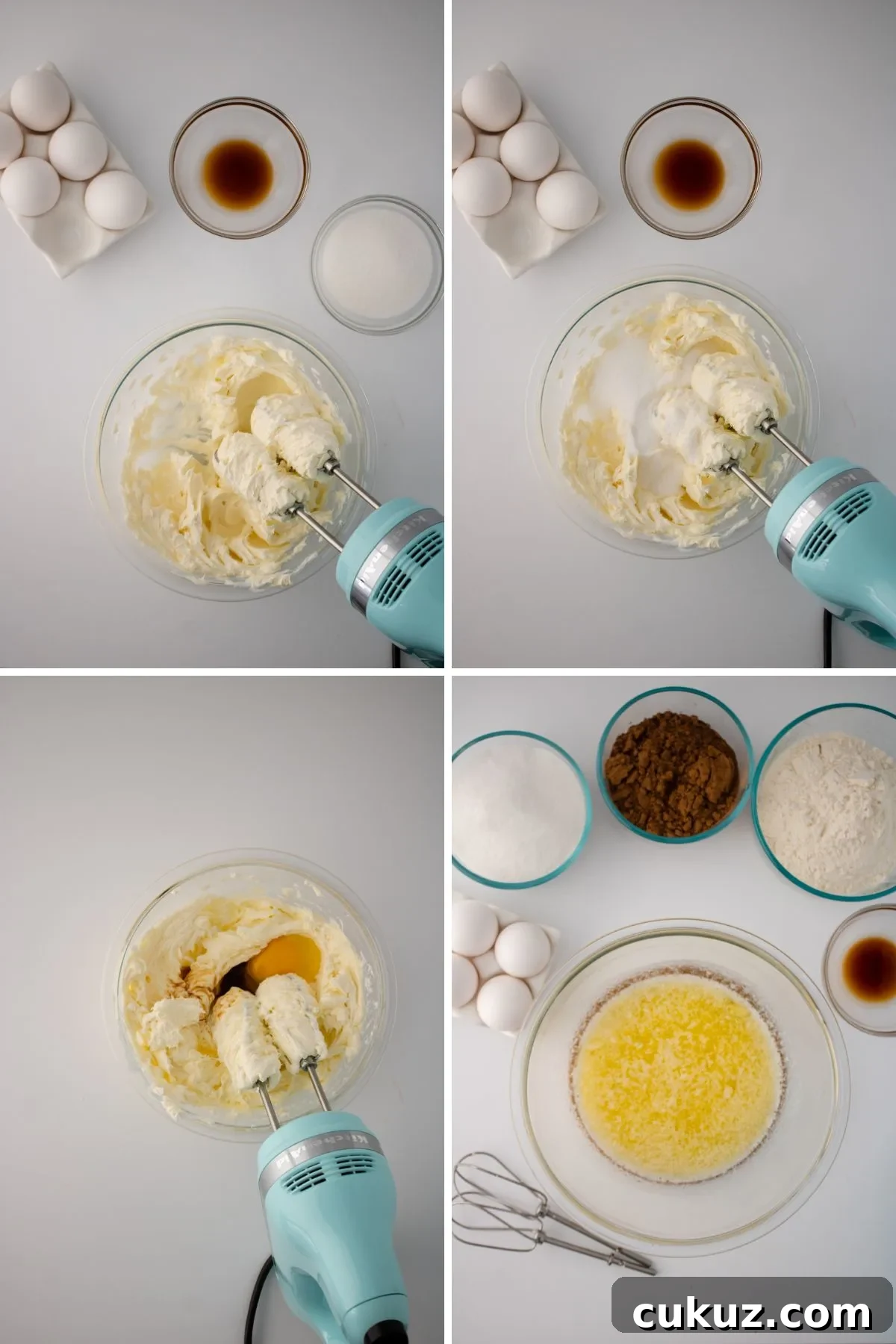 A collage of images showing how to make homemade strawberry cheesecake brwoneis.