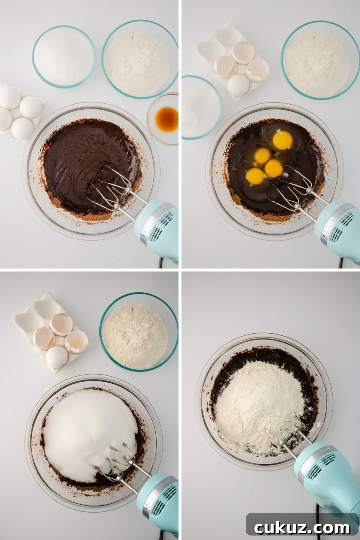 A collage of images showing how to make cheesecake brownies with strawberries.