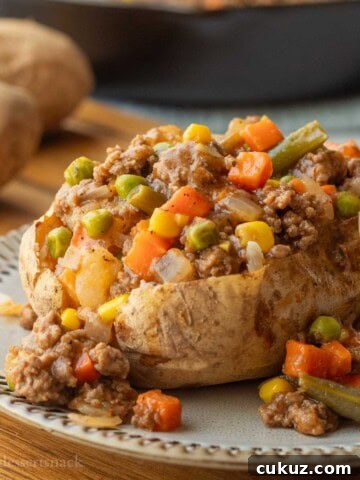 Shepherd's pie filling in baked potato.