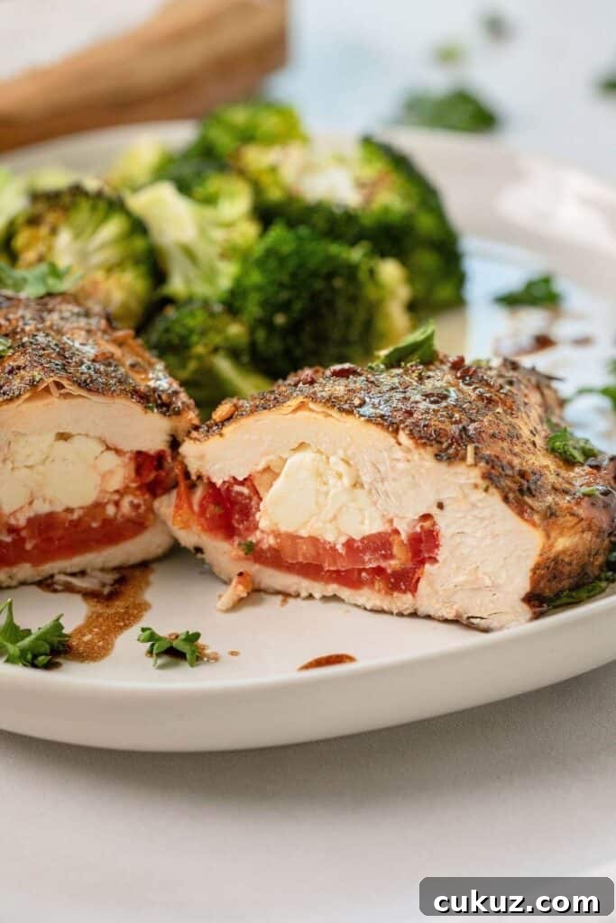 inside cross section of stuffed chicken breast with feta and tomato
