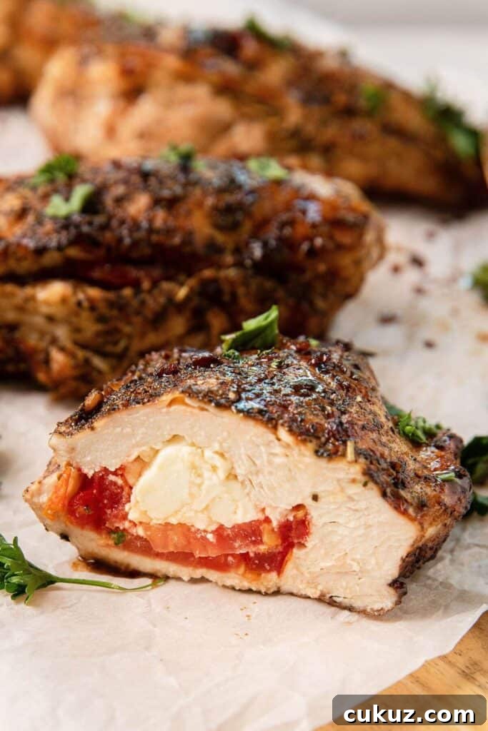inside of juicy balsamic glazed feta tomato stuffed chicken breast