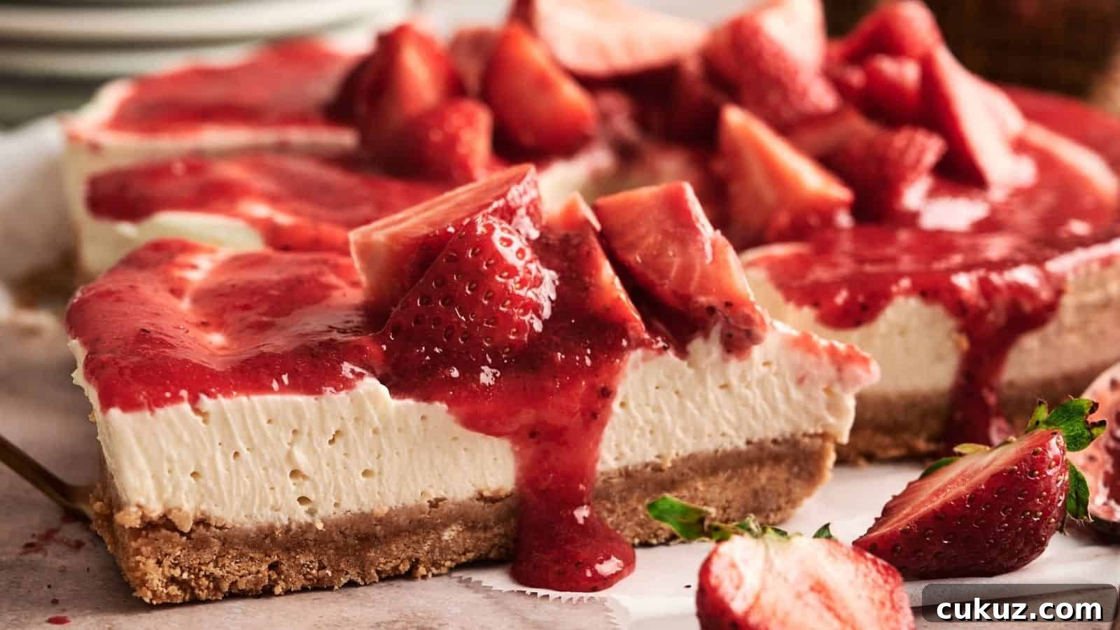 A slice of cheesecake with a graham cracker crust, topped with strawberry sauce and fresh strawberry pieces, sits on a serving tray.