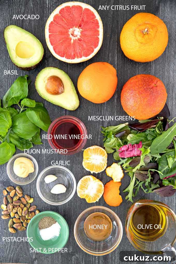 ingredients to make the citrus salad and basil vinaigrette
