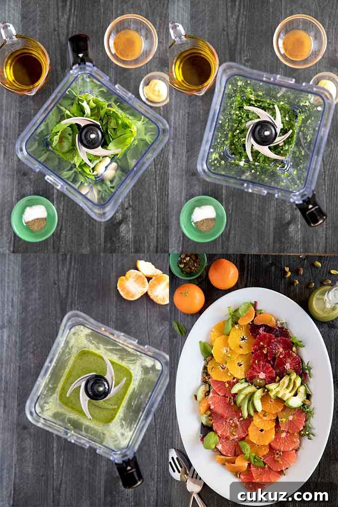 Step By Step Photos For Making This Easy and Quick Citrus Avocado Salad with the best Pesto Like Basil Vinaigrette