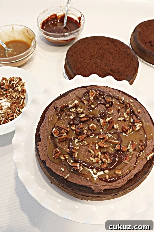 Chocolate Turtle Cake Recipe- This layer cake is so decadent!