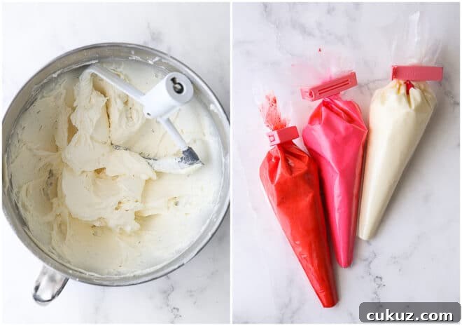 vanilla buttercream frosting in bowl and in piping bags