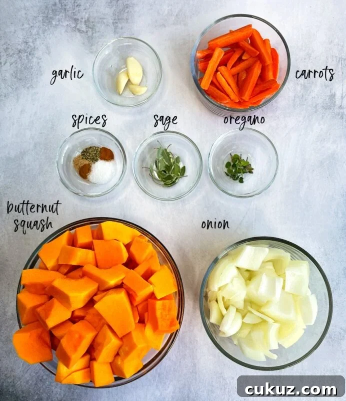 fresh ingredients for butternut squash soup