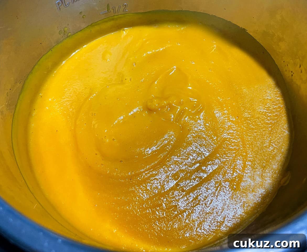 pureed butternut squash soup in an instant pot.