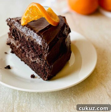orange chocolate cake on a white plate garnished with a candied orange slice on top