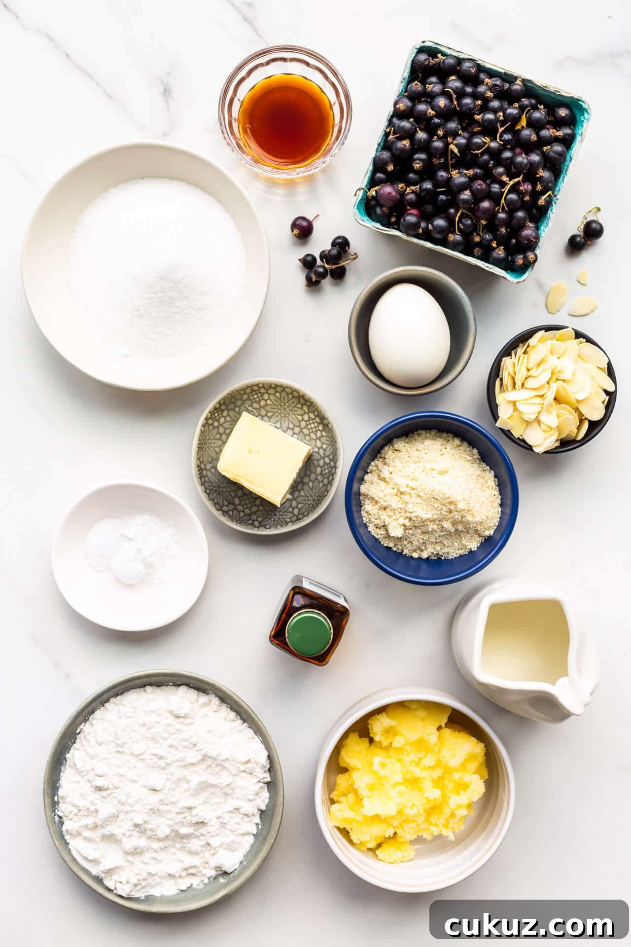 Ingredients for black currant cake measured out into small dishes, including black currants, vanilla extract, granulated sugar, egg, butter, ground almond, baking powder, salt, milk, flour, and a sugar paste to make a crispy topping