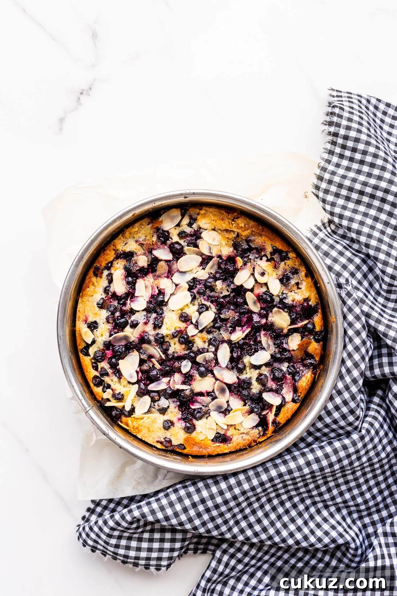 Freshly baked black currant cake in cake pan with checkered linen