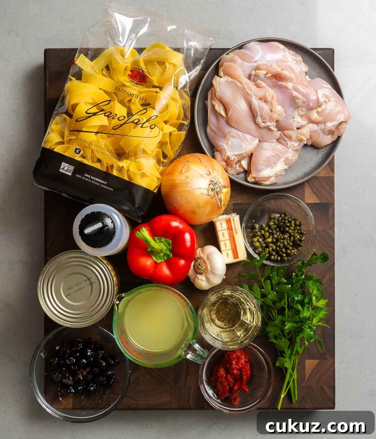 Ingredients shown: pappardelle, chicken thighs, onion, olive oil, bell pepper, garlic, butter, capers, tomatoes, chicken stock, olives, white wine, tomato paste, and parsley.