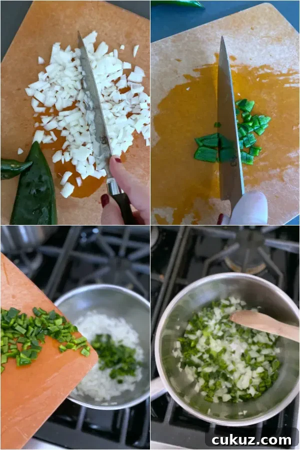 a four photo collage shows how to make Spanish rice: chopping and sautéing onion, poblano pepper, garlic