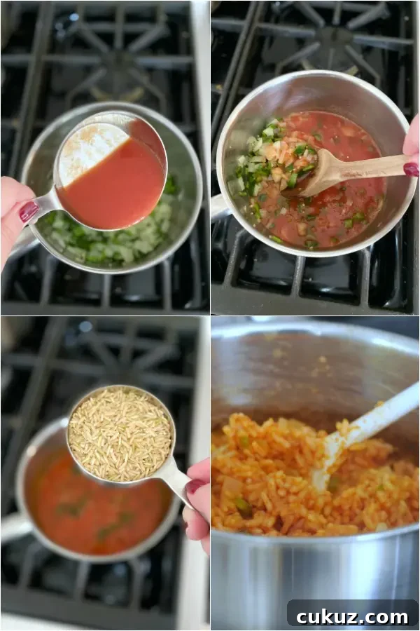 a four photo collage shows how to make Spanish rice: cook dry rice with tomato juice, add sautéed onion and pepper