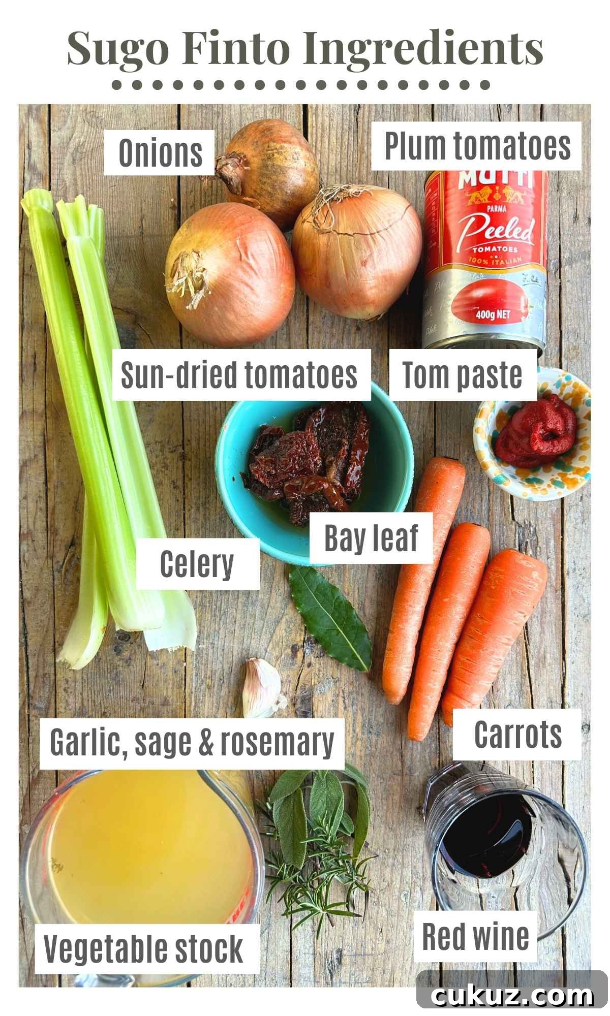 An overhead shot of all the ingredients needed to make Sugo Finto.