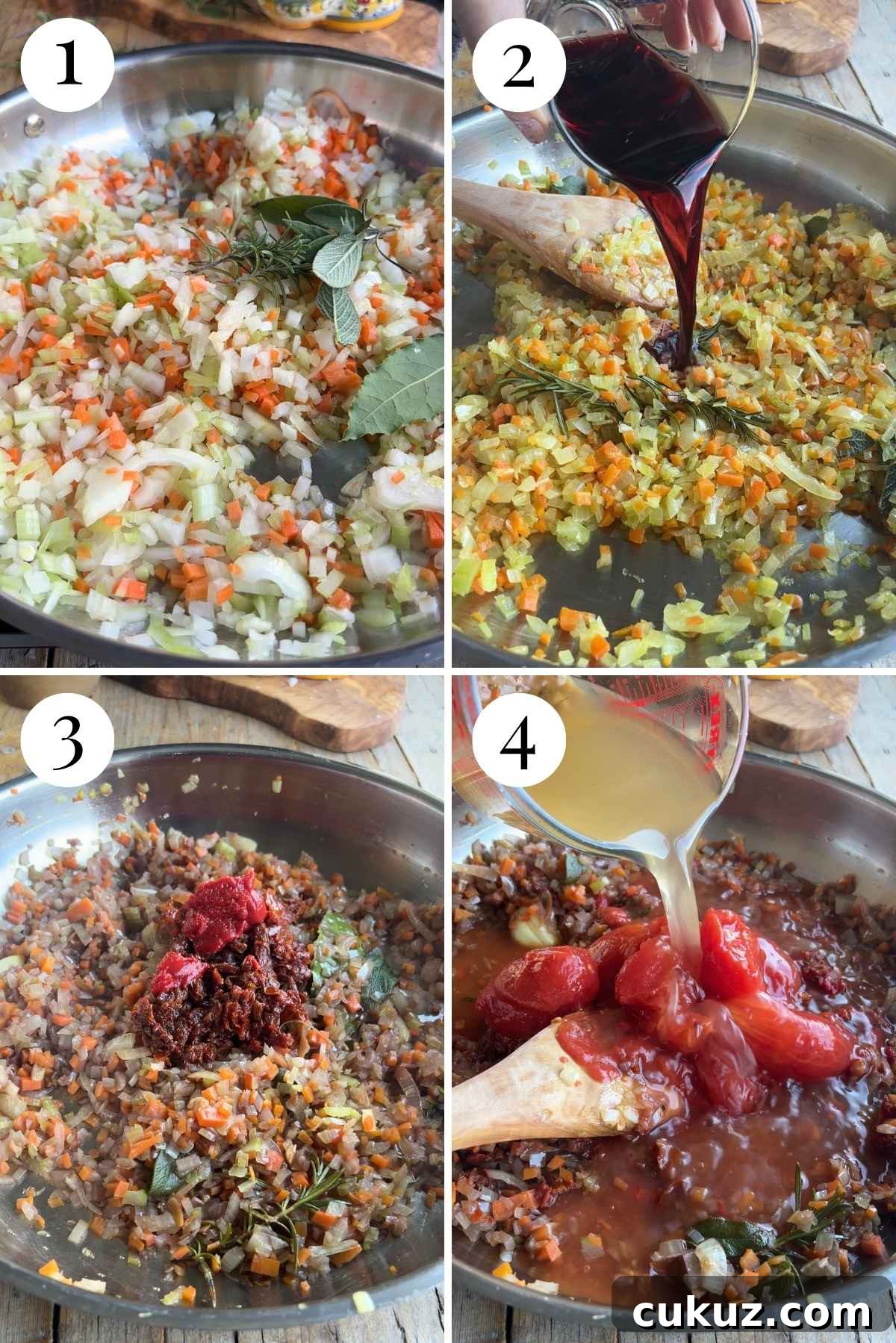 Four photos in a collage showing how to make sugo finto.