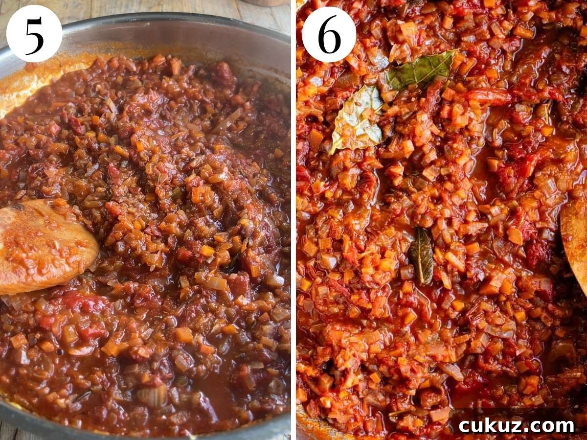 Two photos showing the texture of sugo finto (vegetable sauce).