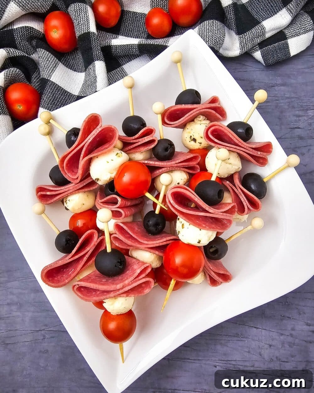 overhead view of Keto Antipasto Skewers