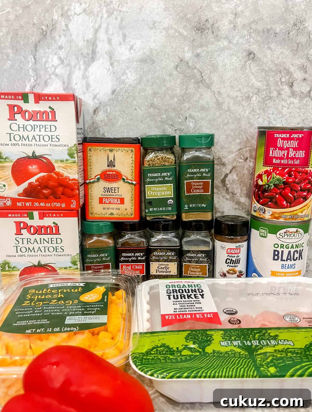 Ingredients needed to make butternut squash turkey chili.