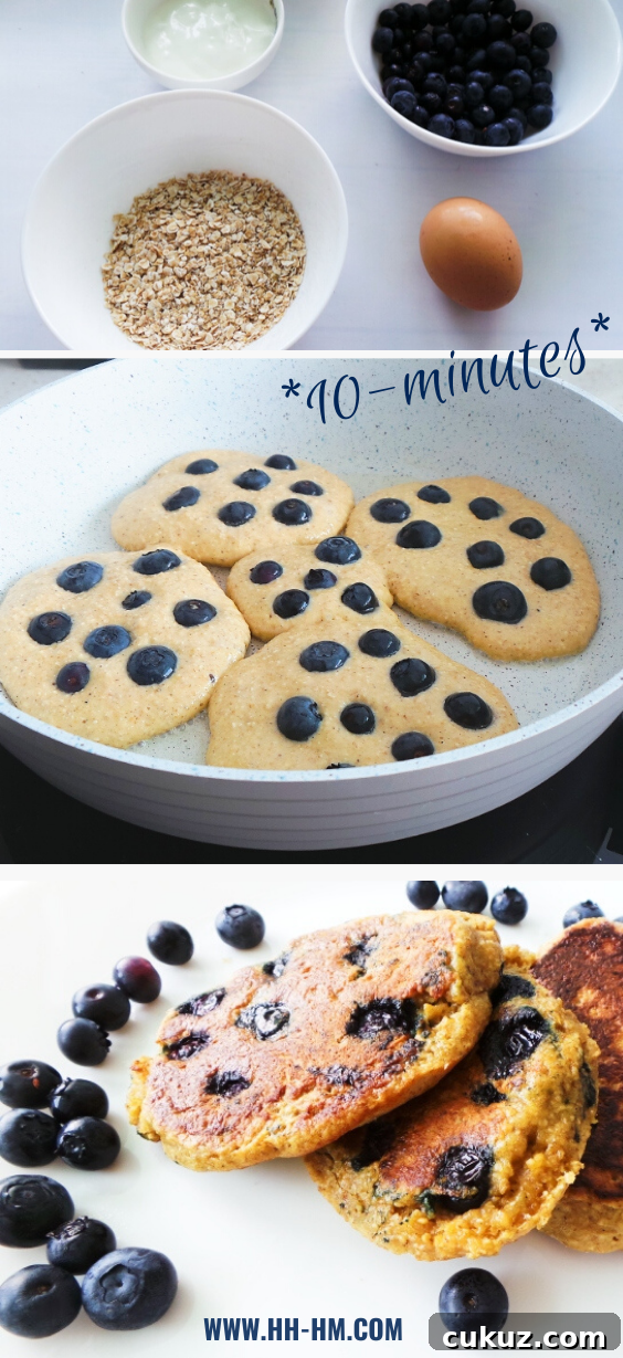 10-Minute healthy oatmeal blueberry pancakes! Delicious and easy healthy pancake recipe that you can make using only 6 ingredients. These oatmeal blueberry pancakes are made without banana and without actual flour - you’ll use oats instead. #blueberries #recipe #healthyrecipe #breakfast #pancakes #healthypancakes #oatmeal