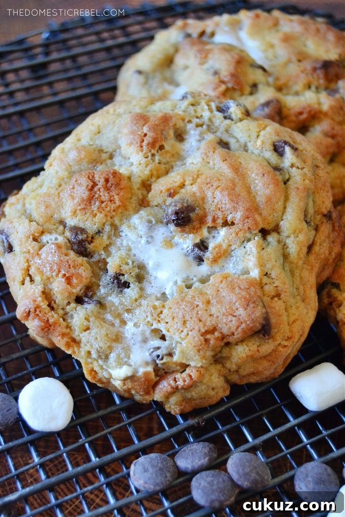 a s'mores cookie on a black wire rack with marshmallows and chocolate chips