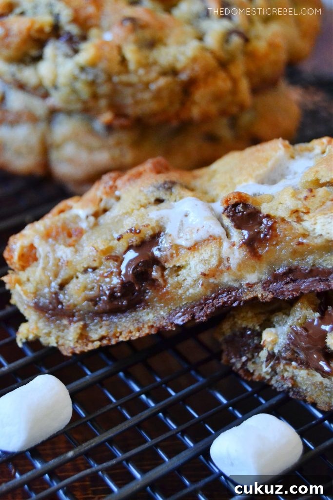 a closeup slice of a s'mores cookie on a black rack