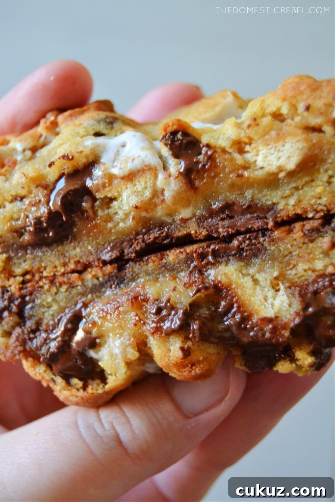 closeup of the author holding a split open s'mores cookie