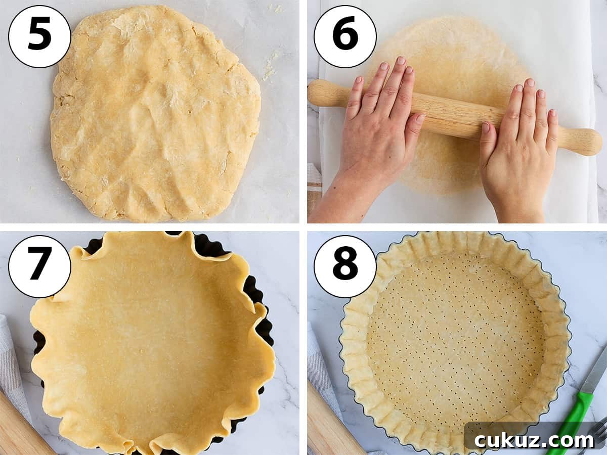 Process Shot Collage: rolling the quiche pastry and lining it in the tart pan.