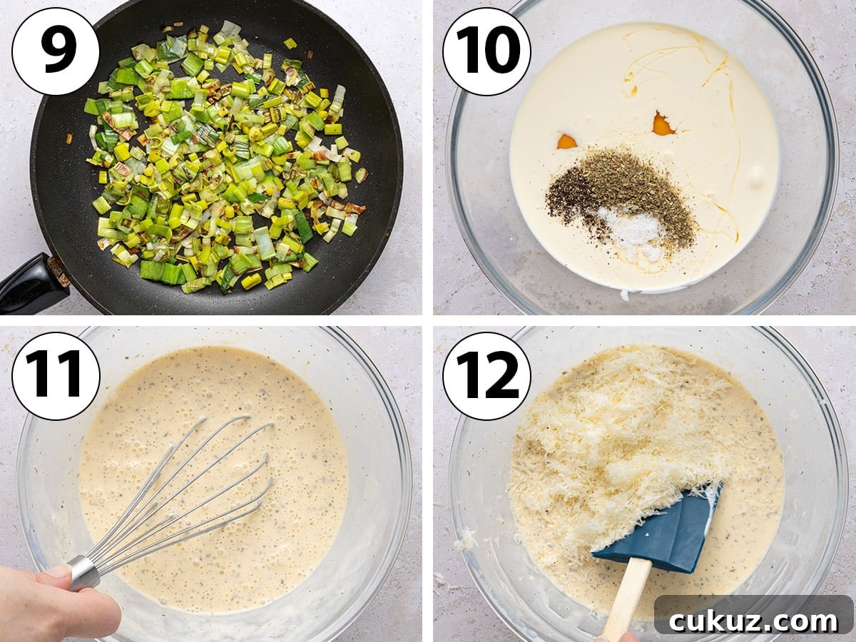 Process shot collage: cooking the leeks and mixing the ingredients for the custard filling.