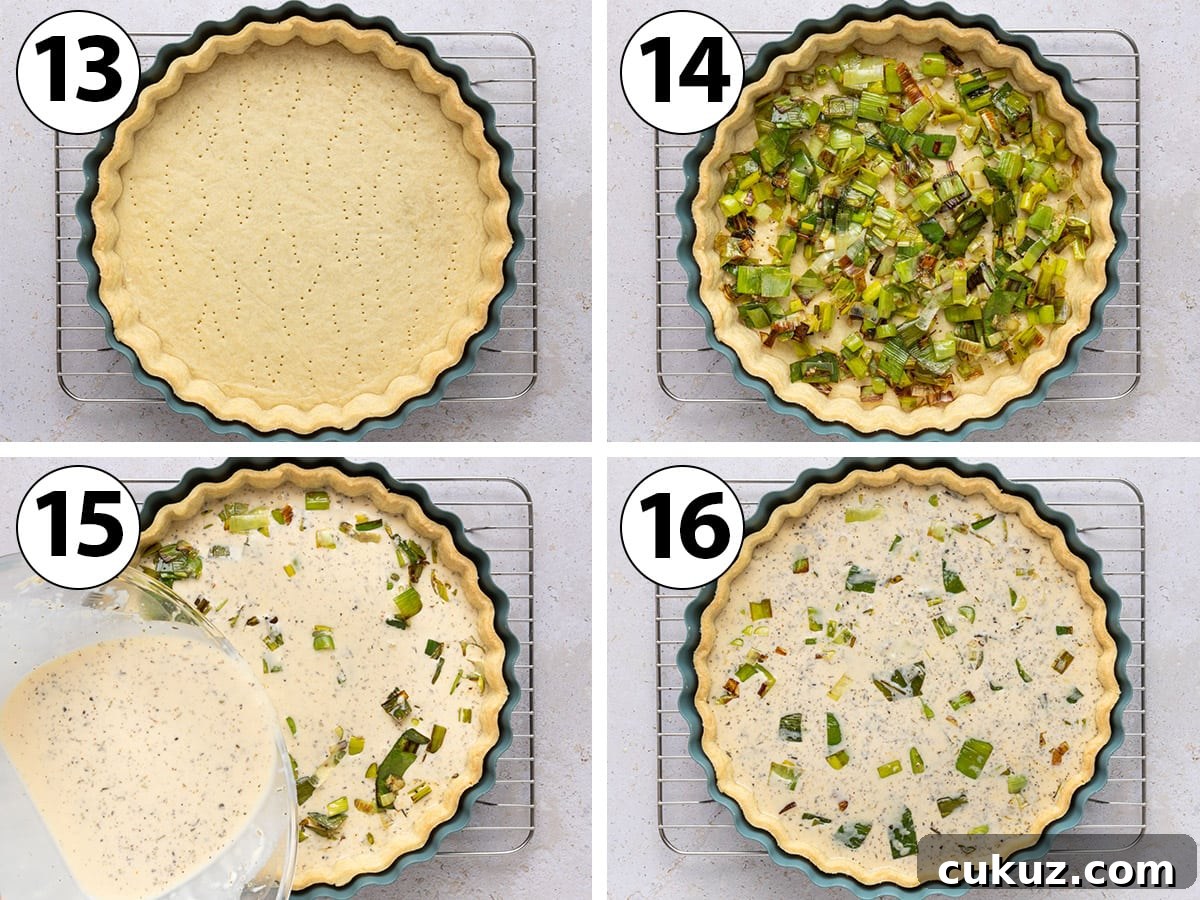 Process shot collage: placing the cooked leeks on the par-baked crust and covering with the custard mixture.