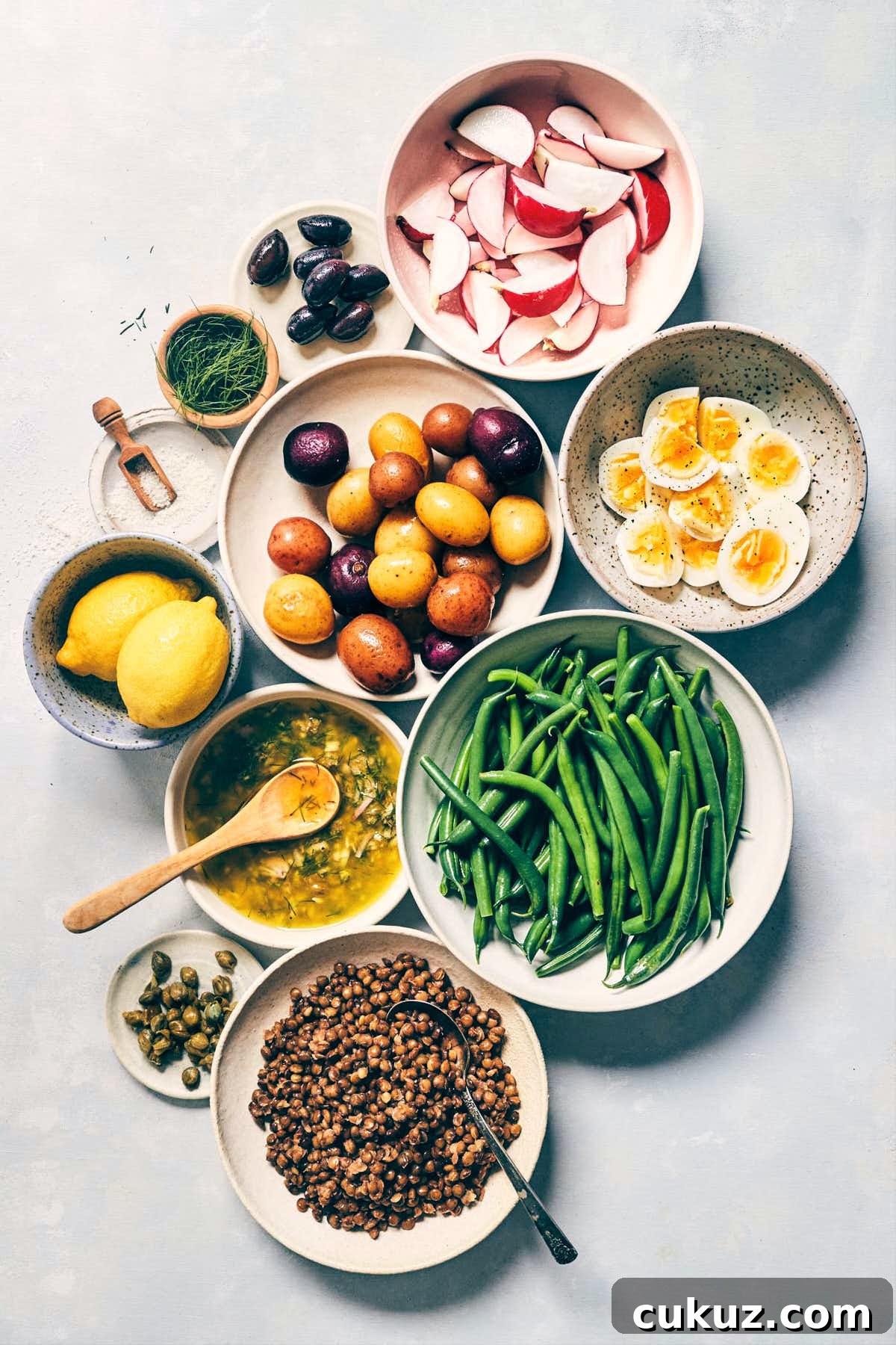 Nicoise salad ingredients like roasted potatoes, green beans, lemon, eggs and fresh radishes laid out in individual bowls