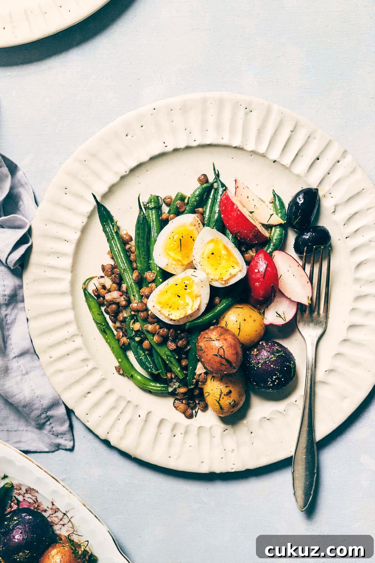 Plate of nicoise salad with egg, green beans and black olives