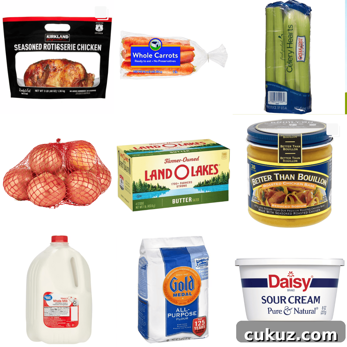 ingredients including rotisserie chicken, carrots, celery, onion, butter, better than bouillon, milk, flour, and sour cream.