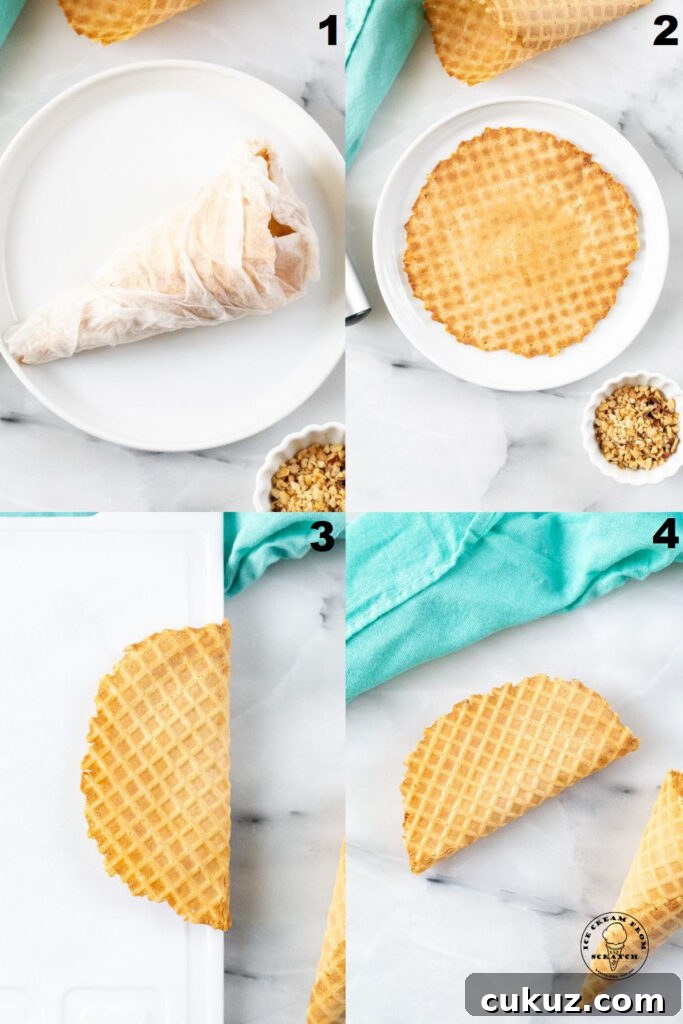 a collage of four photos showing how to make choco taco waffle shells