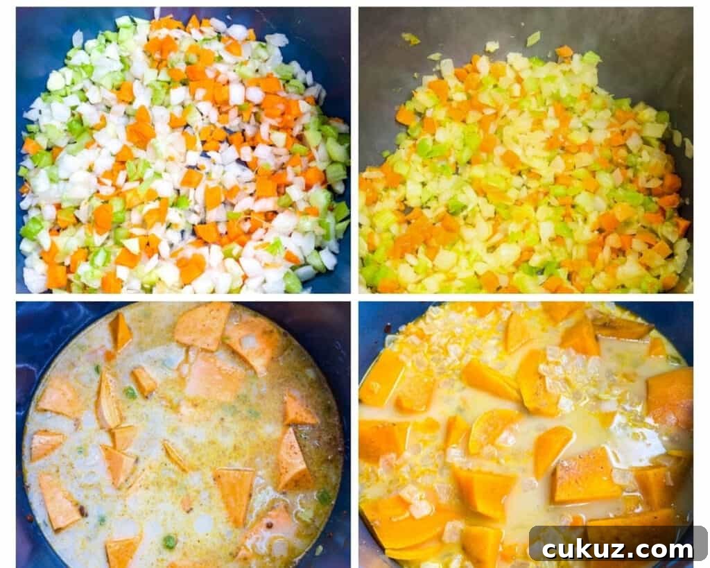 collage photo of 4 images with cut vegetables in an Instant pot and uncooked sweet potato soup in an Instant Pot