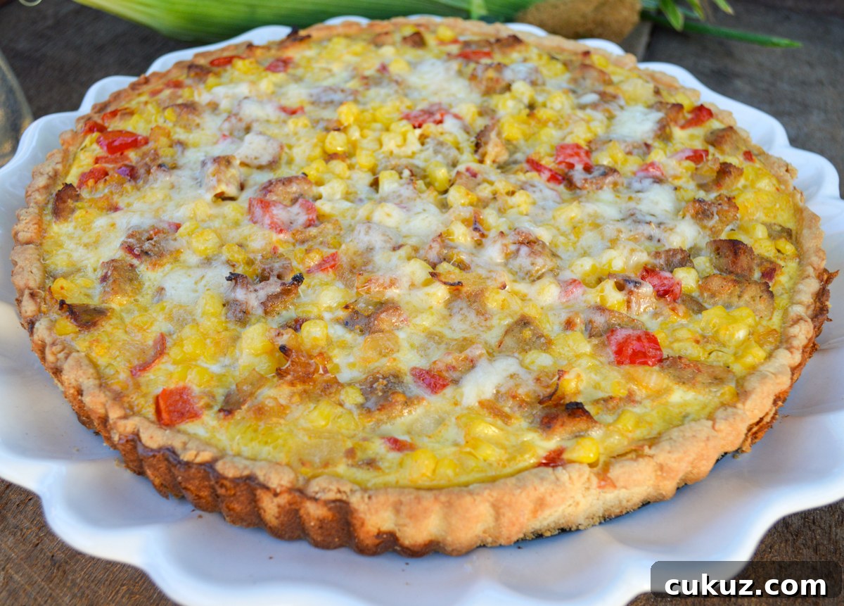 Sausage and Corn Pie with Quick Press‑In Pan Crust 9 baked sausage pie on white platter