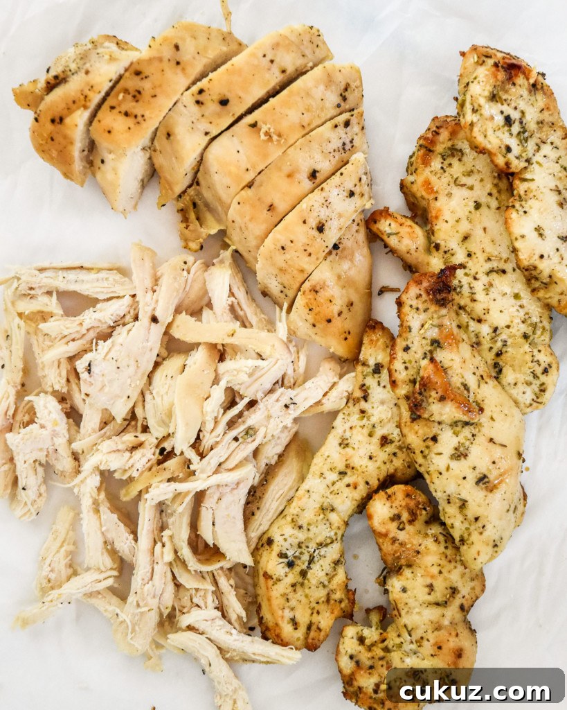 Juicy Thin-Sliced Stovetop Chicken Breasts in 20 Minutes 11 shredded and sliced cooked chicken made in three different ways.