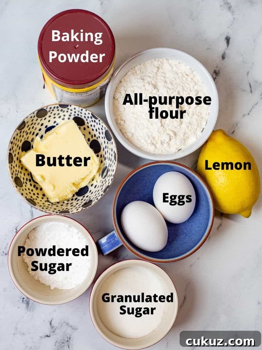 Ingredients for easy lemon bar recipe from scratch in bowls with text overlay.