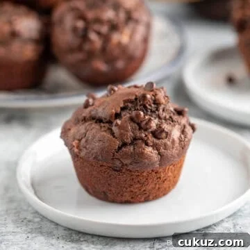 Chocolate Banana Muffin with chocolate chips on a white plate.