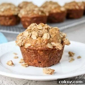 A single muffin topped with a crumbly topping on a plate.