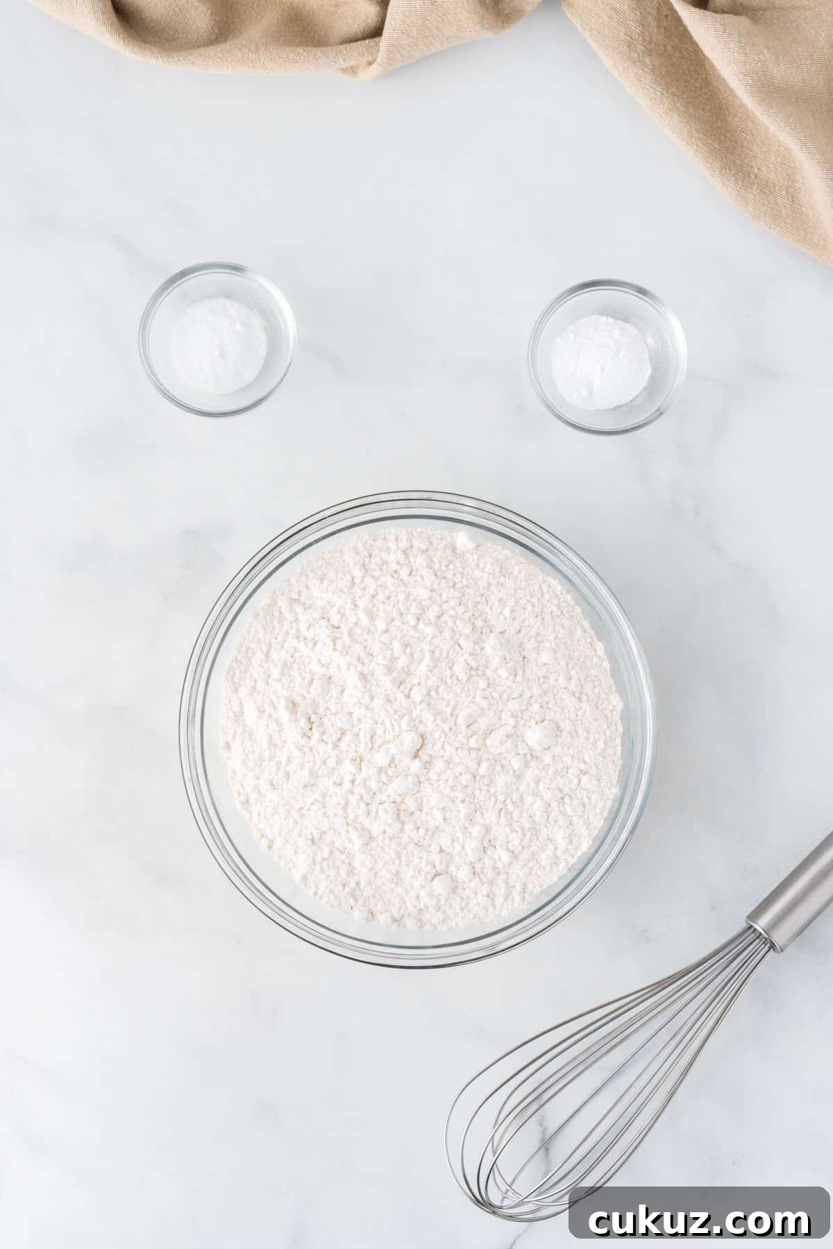 flour, salt, and baking soda in bowls
