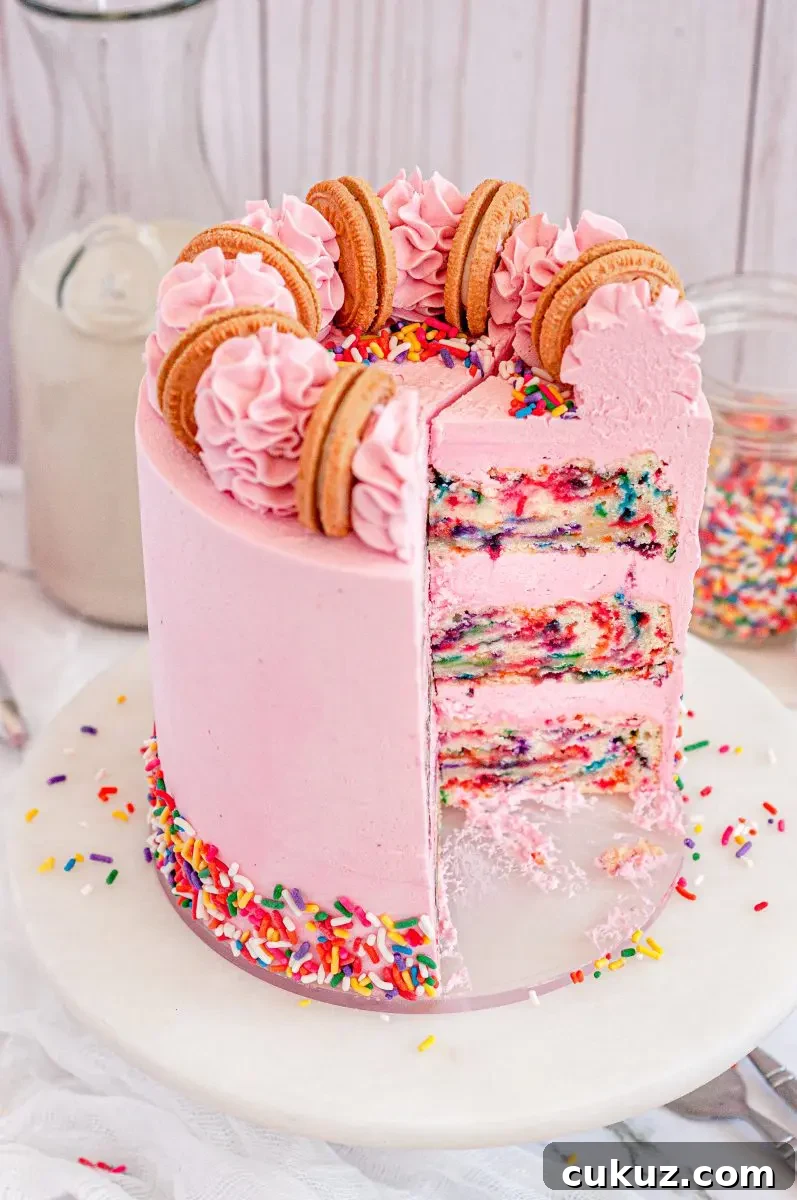 A bright pink Funfetti cake with bright sprinkles around the bottom of it. There is a large slice taken out of the cake allowing you to see three sprinkled cake layers inside the cake with pink frosting between each layer.